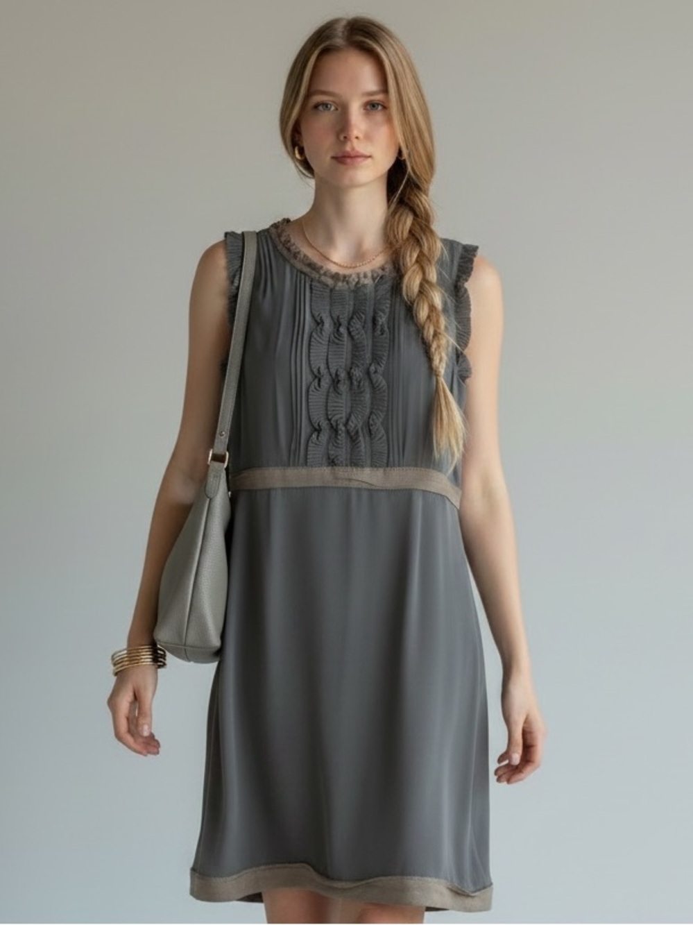 Boden Limited Edition Retro Gray 100% Silk Ruffle Shift Dress Women’s Size 12